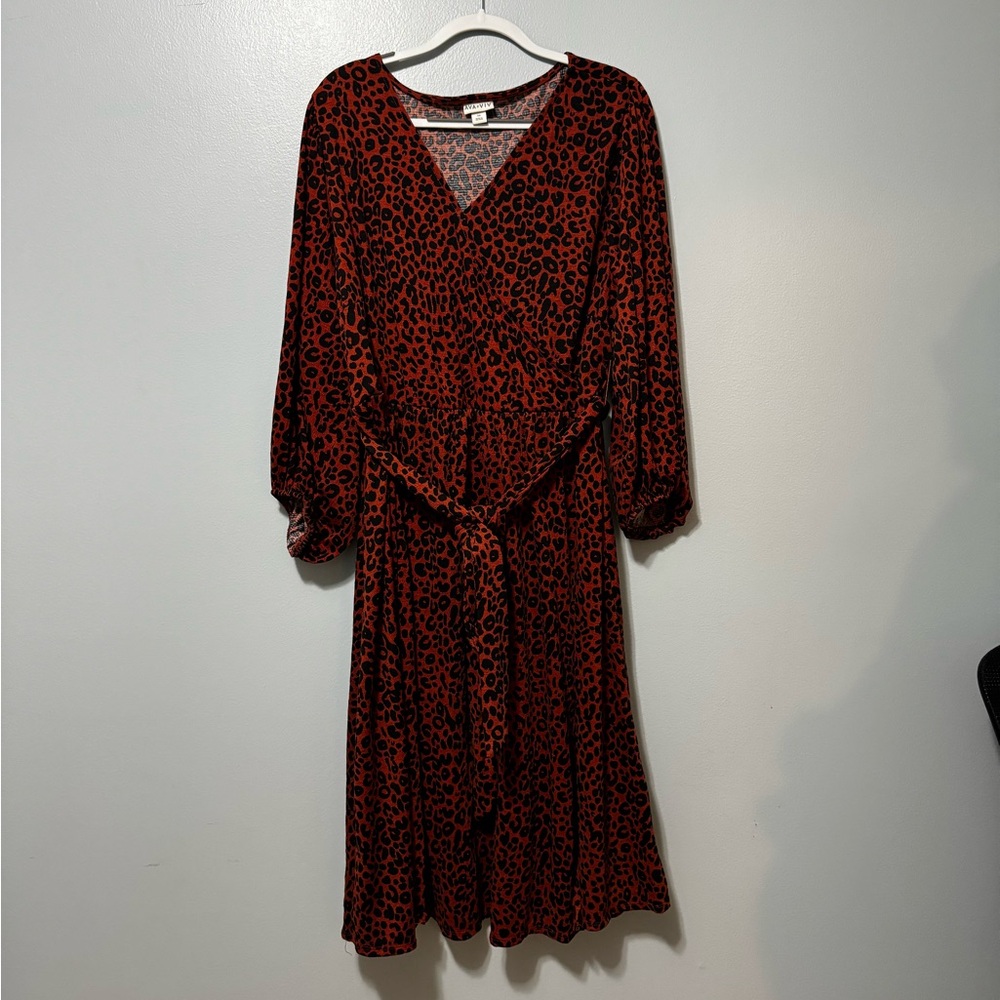 Ava & Viv Dress Womens 3X Brown Leopard Faux Wrap Midi Long Sleeves
